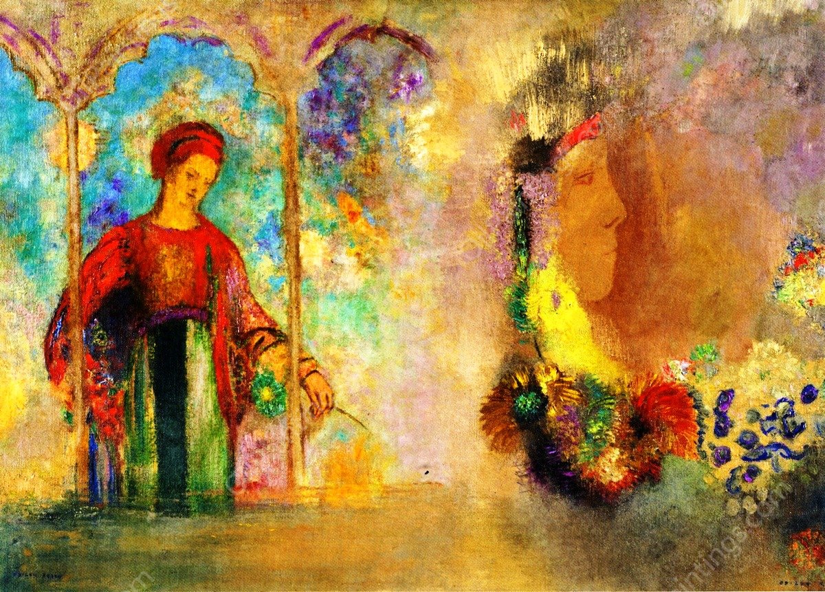 Gothic Arcade, Woman Gathering Flowers by Odilon Redon - Hand-Painted Oil Painting Reproduction