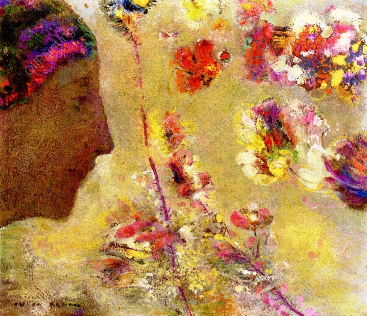 Profile of a Woman with Butterfly and Flowers by Odilon Redon - Hand-Painted Oil Painting Reproduction