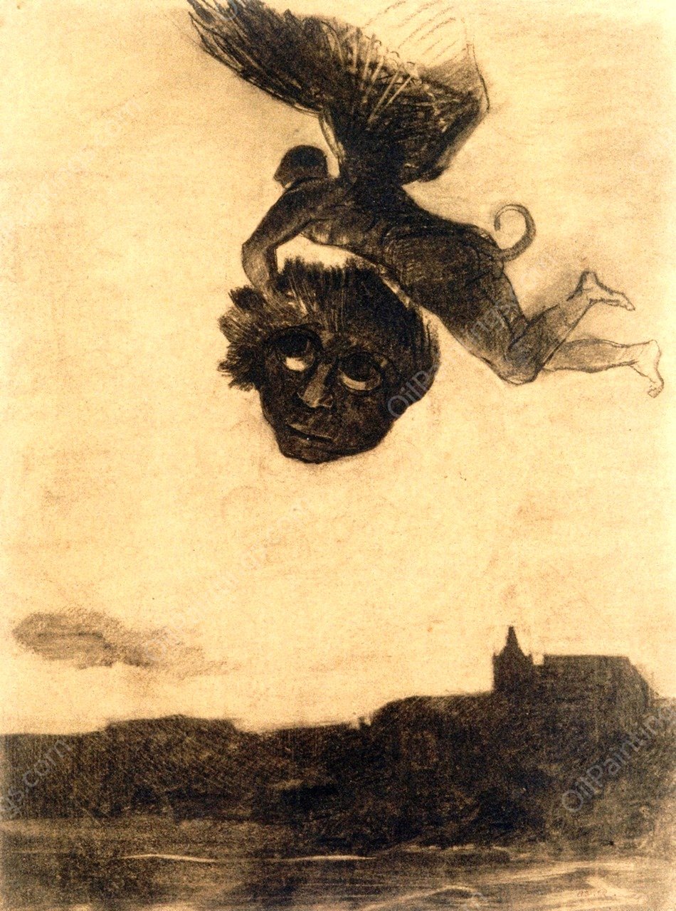 Winged Demon in the Air, Holding a Mask by Odilon Redon - Hand-Painted Oil Painting Reproduction