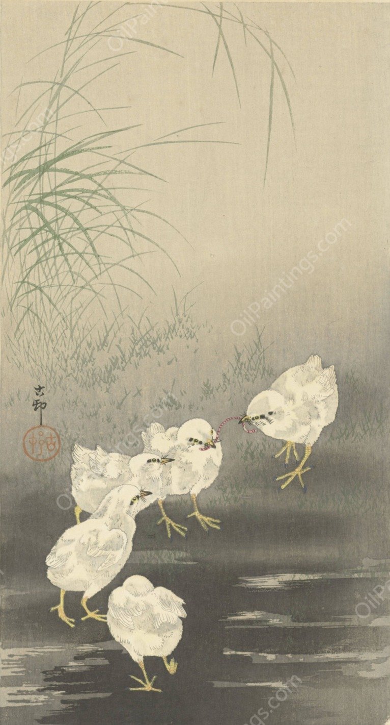 Chicks and Worm  by Ohara Koson - Hand-Painted Oil Painting Reproduction