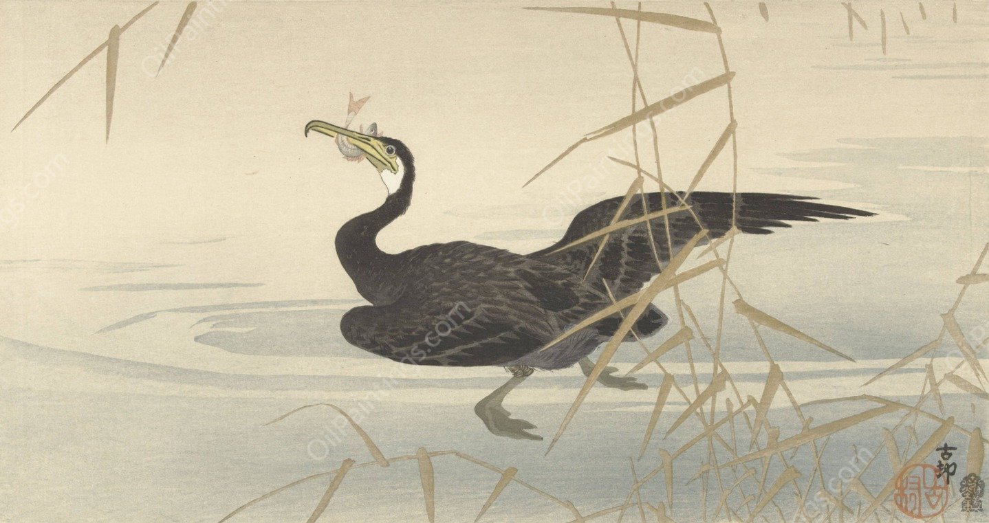 Cormorant with fish  by Ohara Koson - Hand-Painted Oil Painting Reproduction