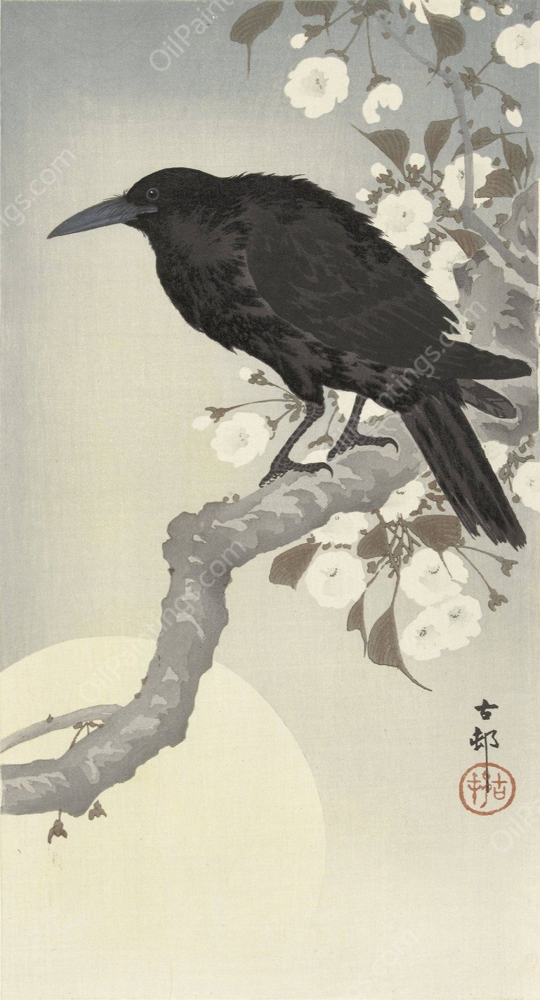 Crow at full moon  by Ohara Koson - Hand-Painted Oil Painting Reproduction
