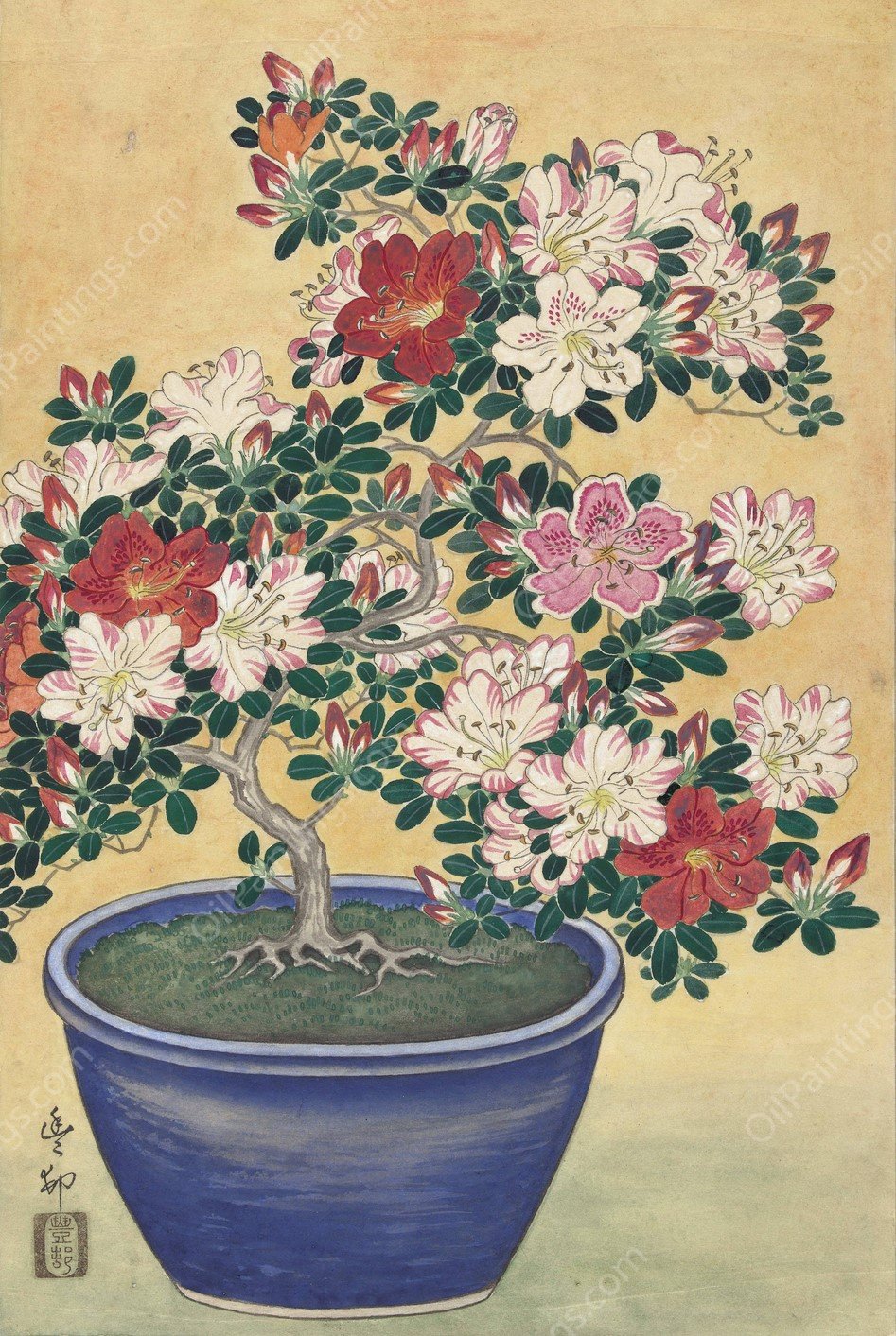Flowering Azalea In Blue Pot by Ohara Koson - Hand-Painted Oil Painting Reproduction