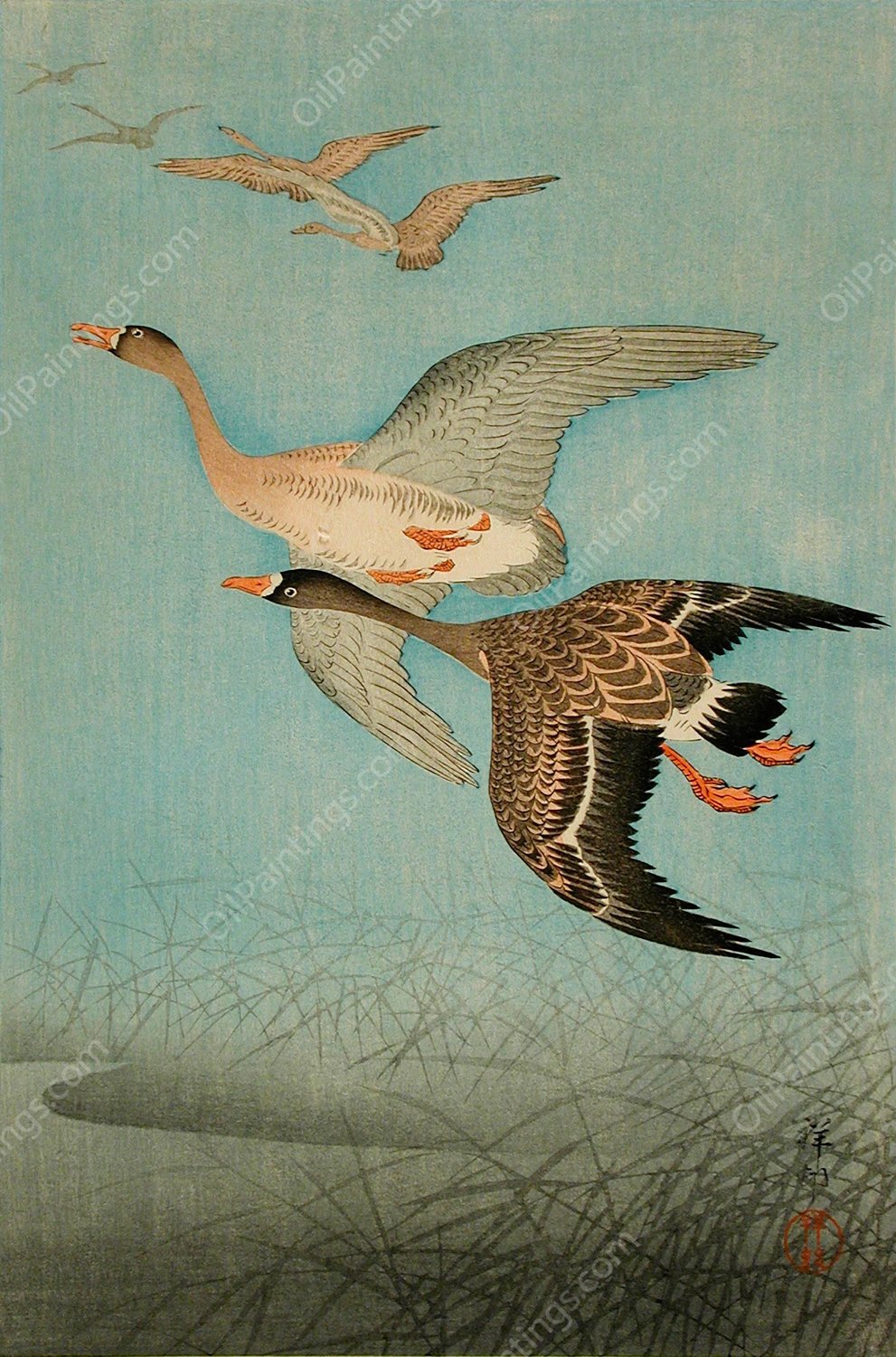 Flying Geese  by Ohara Koson - Hand-Painted Oil Painting Reproduction