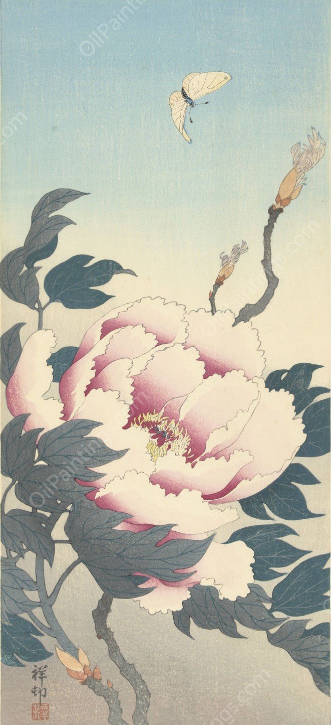 Peony with butterfly  by Ohara Koson - Hand-Painted Oil Painting Reproduction