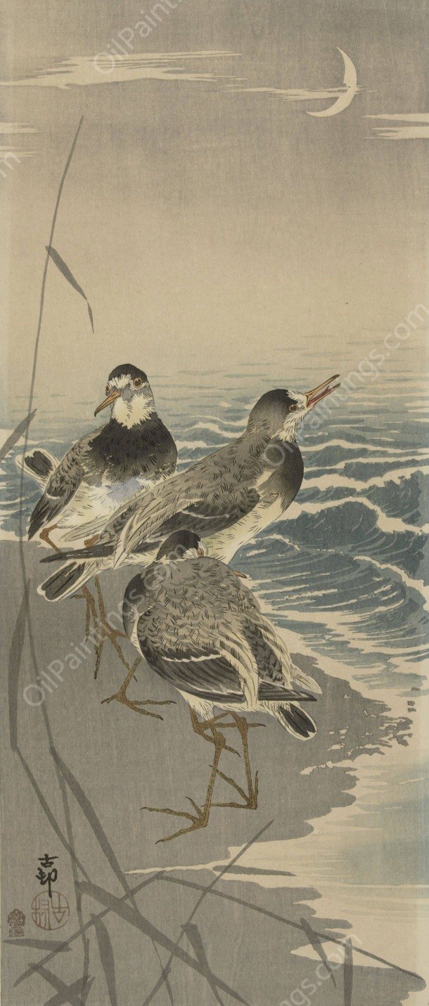 Sandpipers at sickle moon  by Ohara Koson - Hand-Painted Oil Painting Reproduction