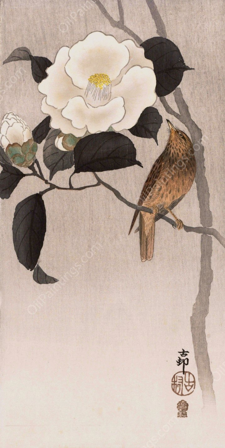Songbird and flowering camellia  by Ohara Koson - Hand-Painted Oil Painting Reproduction