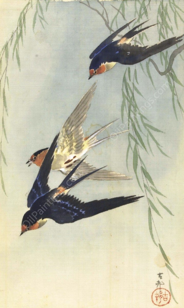 Three birds in full flight  by Ohara Koson - Hand-Painted Oil Painting Reproduction