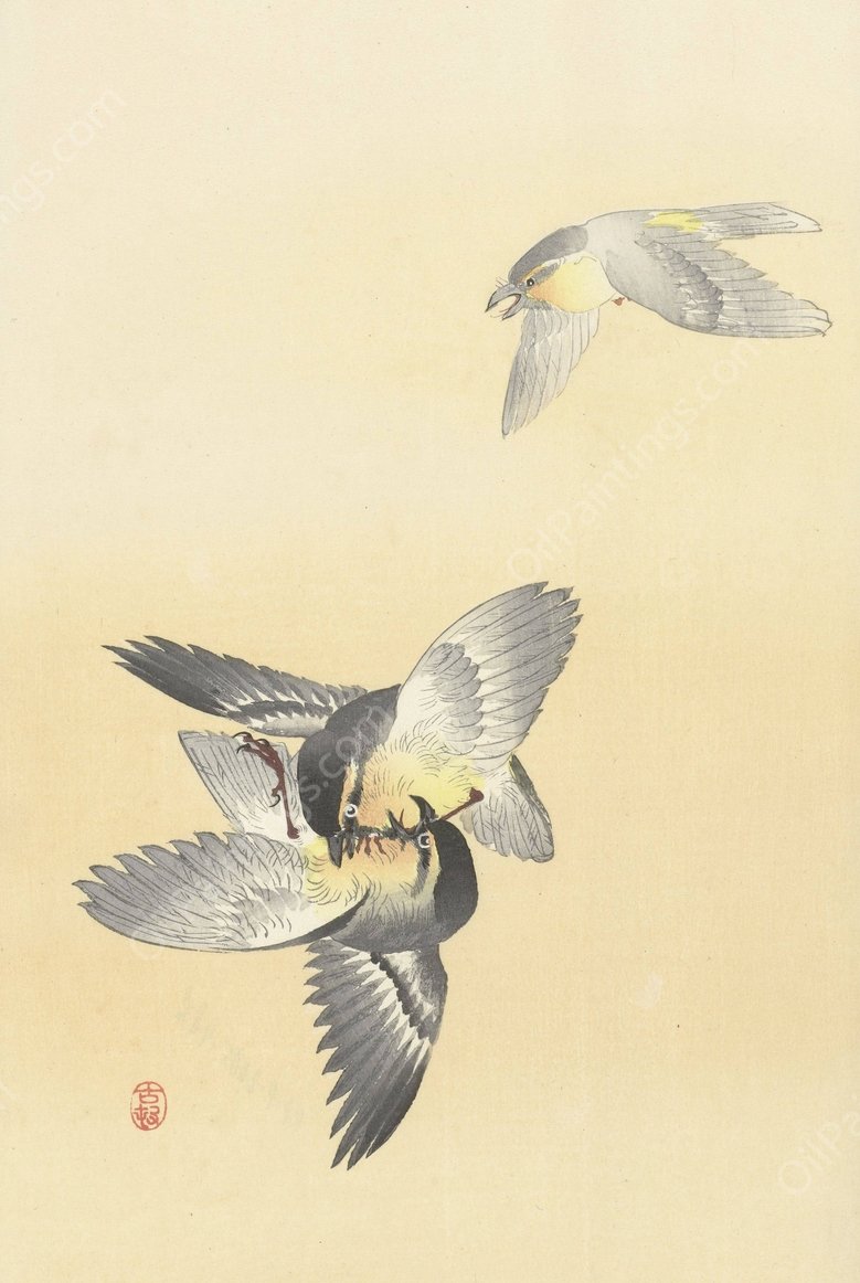 Two fighting birds  by Ohara Koson - Hand-Painted Oil Painting Reproduction