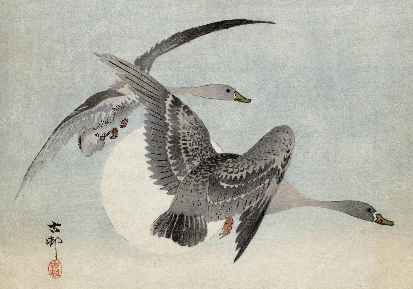 Two geese in flight  by Ohara Koson - Hand-Painted Oil Painting Reproduction