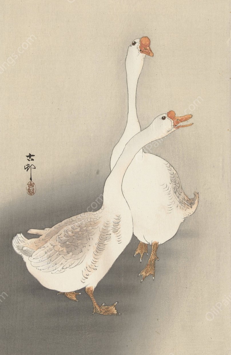 Two geese by Ohara Koson - Hand-Painted Oil Painting Reproduction