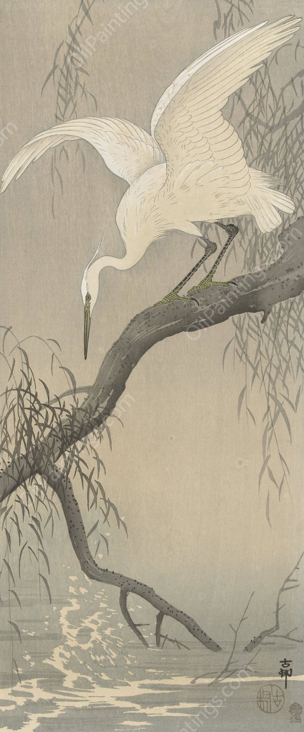 White heron on tree branch  by Ohara Koson - Hand-Painted Oil Painting Reproduction