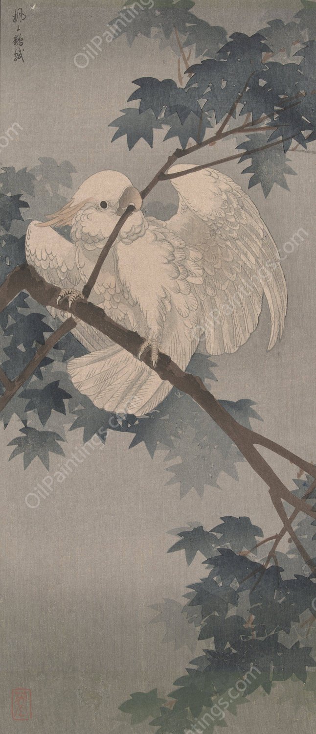 Yellow crested cockatoo in tree  by Ohara Koson - Hand-Painted Oil Painting Reproduction