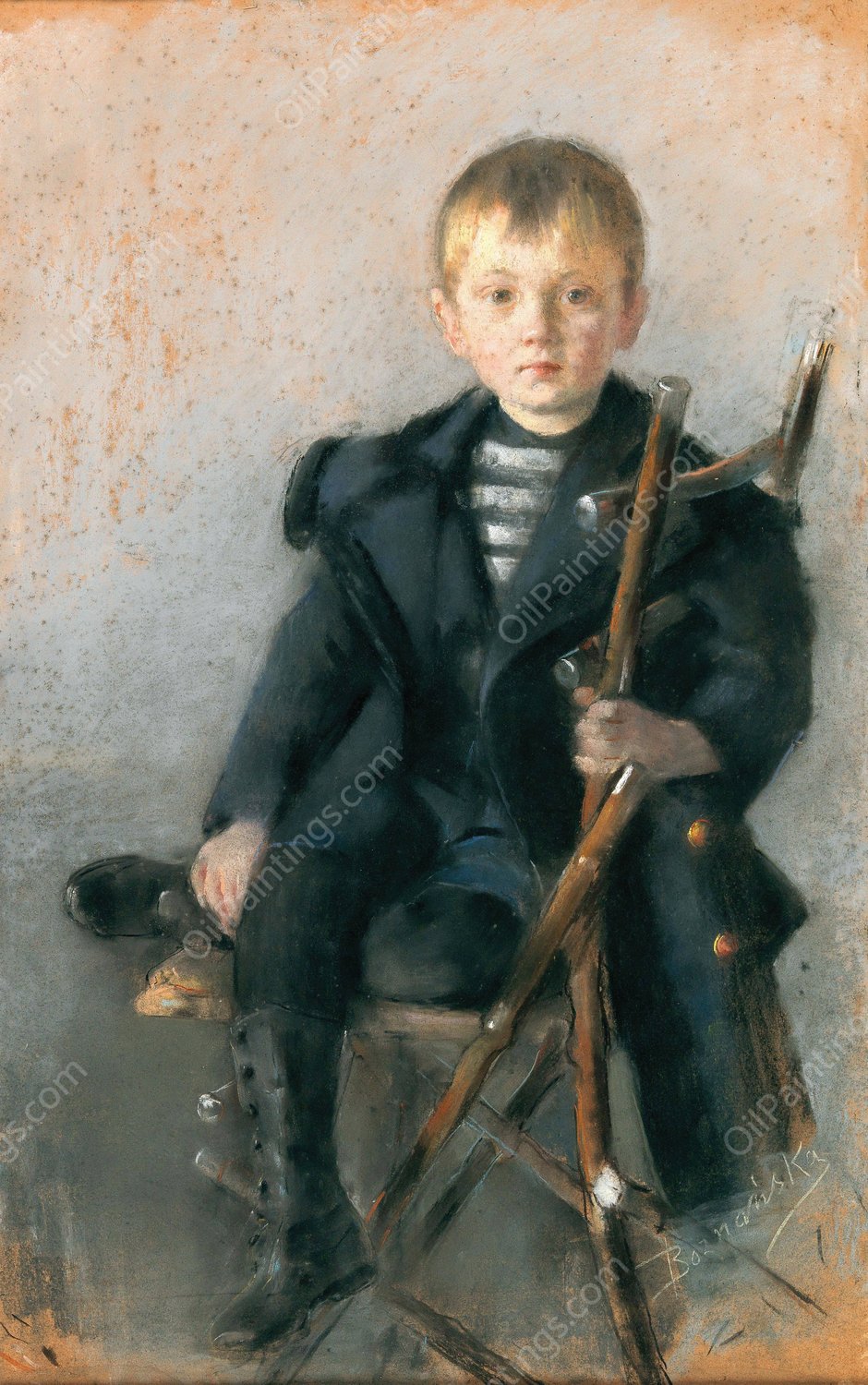 A portrait of a blond boy and black coat with gold button by Olga Boznanska - Hand-Painted Oil Painting Reproduction