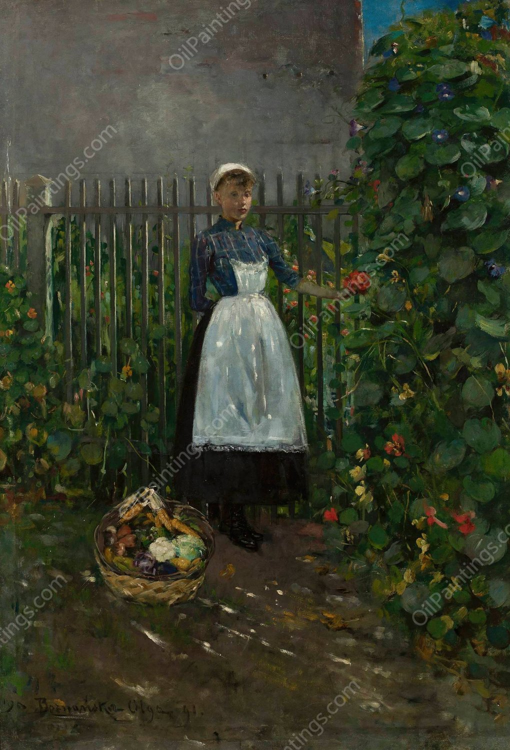 Girl with a basket of vegetables in the garden  by Olga Boznanska - Hand-Painted Oil Painting Reproduction