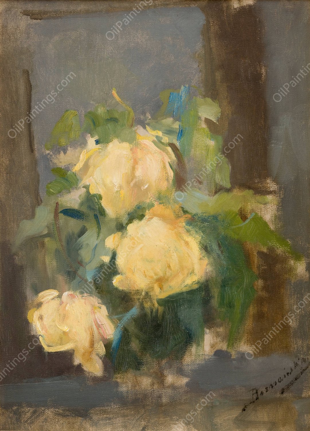Golden Roses  by Olga Boznanska - Hand-Painted Oil Painting Reproduction