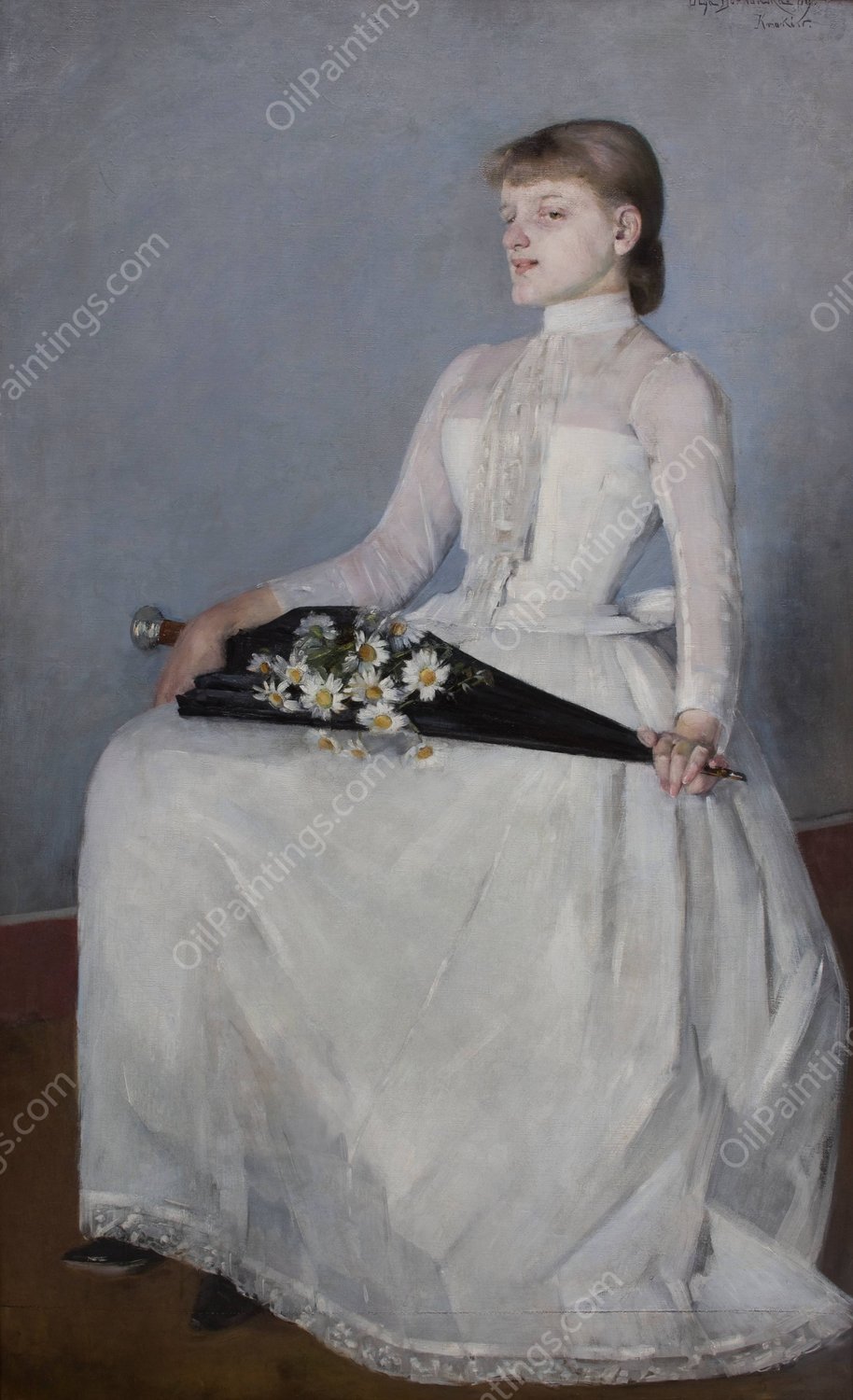 Lady in a White Dress  by Olga Boznanska - Hand-Painted Oil Painting Reproduction