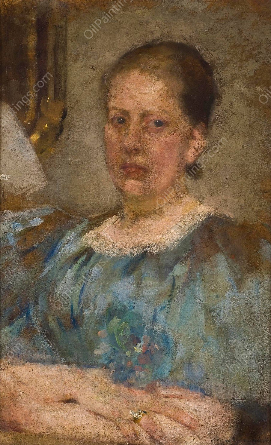 Portrait of a woman in a blue blouse  by Olga Boznanska - Hand-Painted Oil Painting Reproduction