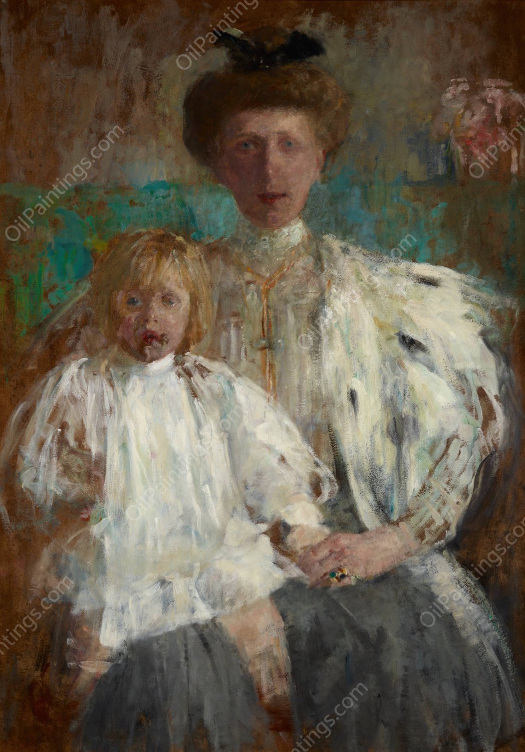 Portrait of Julia Puget nee Kwilecka with Her Son Jacek  by Olga Boznanska - Hand-Painted Oil Painting Reproduction