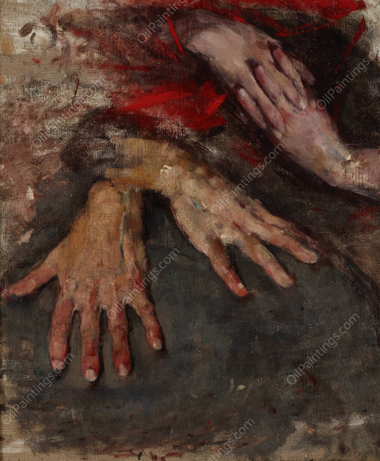 Study of Two Pairs of Hands  by Olga Boznanska - Hand-Painted Oil Painting Reproduction