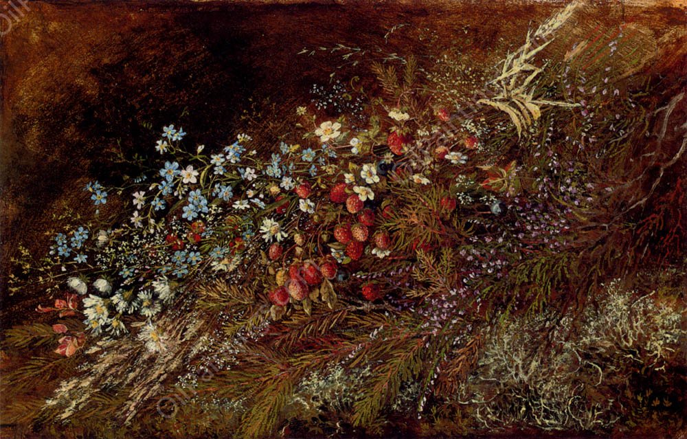 A Bouquet of Summer Fruits and Flowers on a Mossy Bank by Olga Wisinger-Florian - Hand-Painted Oil Painting Reproduction