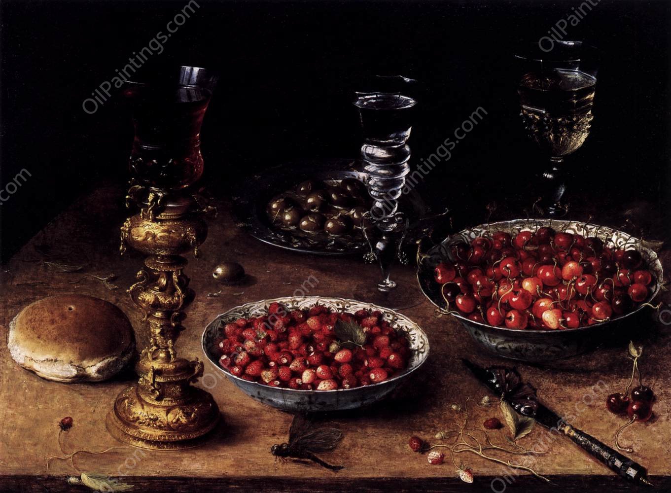 Still-Life with Cherries and Strawberries in China Bowls by Osias Beert - Hand-Painted Oil Painting Reproduction