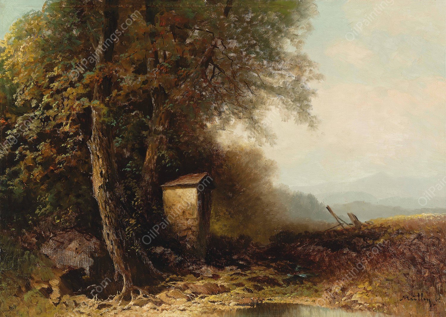 A Landscape in Autumn with Wayside Shrine  by Oskar Mulley - Hand-Painted Oil Painting Reproduction
