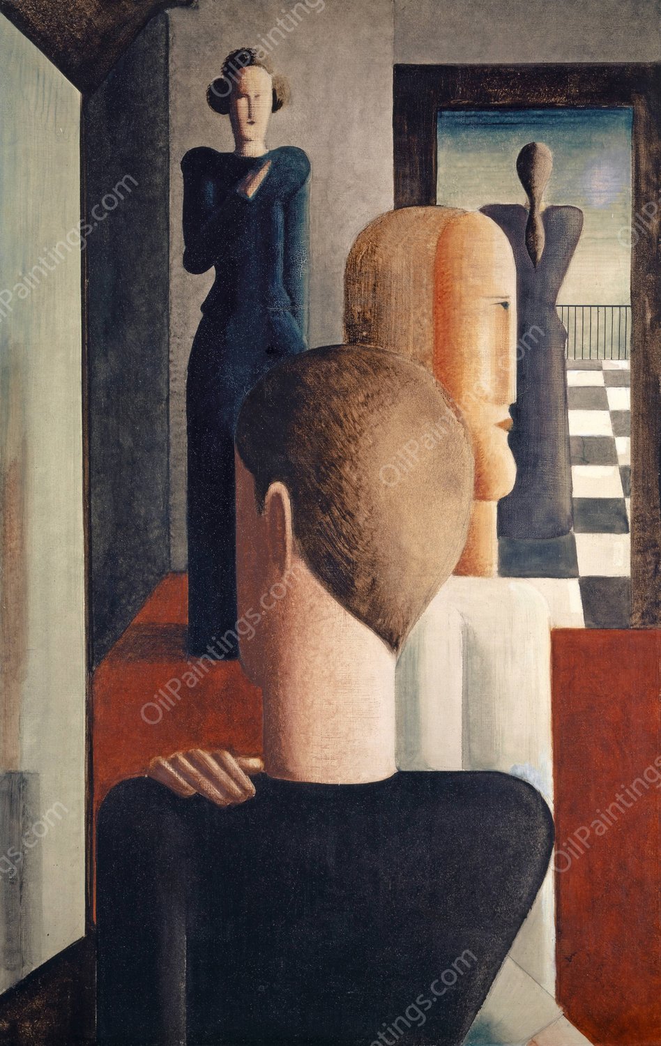 Interior with Five Figures, Roman  by Oskar Schlemmer - Hand-Painted Oil Painting Reproduction