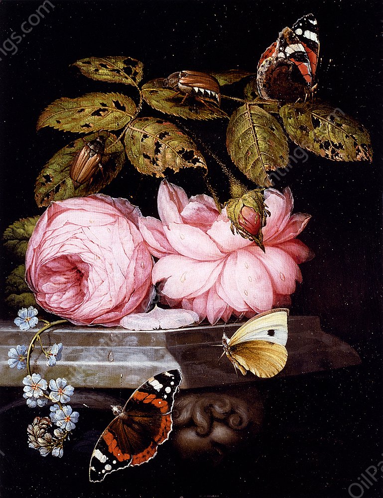 A Still Life With Sprigs Of Guelder Rose And Forget Me Not Resting On A Sculpted Marble Ledge, And Red Admiral Butterflies And A Cabbage White, And Large Bugs by Ottmar Elliger The Elder - Hand-Painted Oil Painting Reproduction