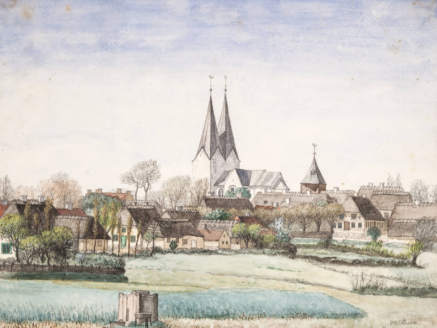 Landsby med kirke. Broager  by Otto Didrik Ottesen - Hand-Painted Oil Painting Reproduction