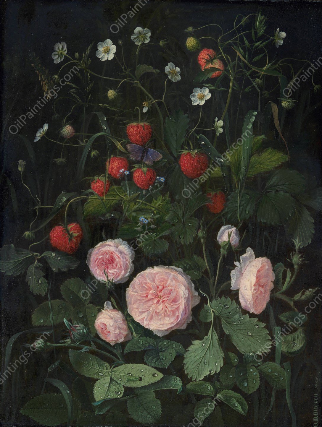 Still Life With Roses And Strawberries  by Otto Didrik Ottesen - Hand-Painted Oil Painting Reproduction