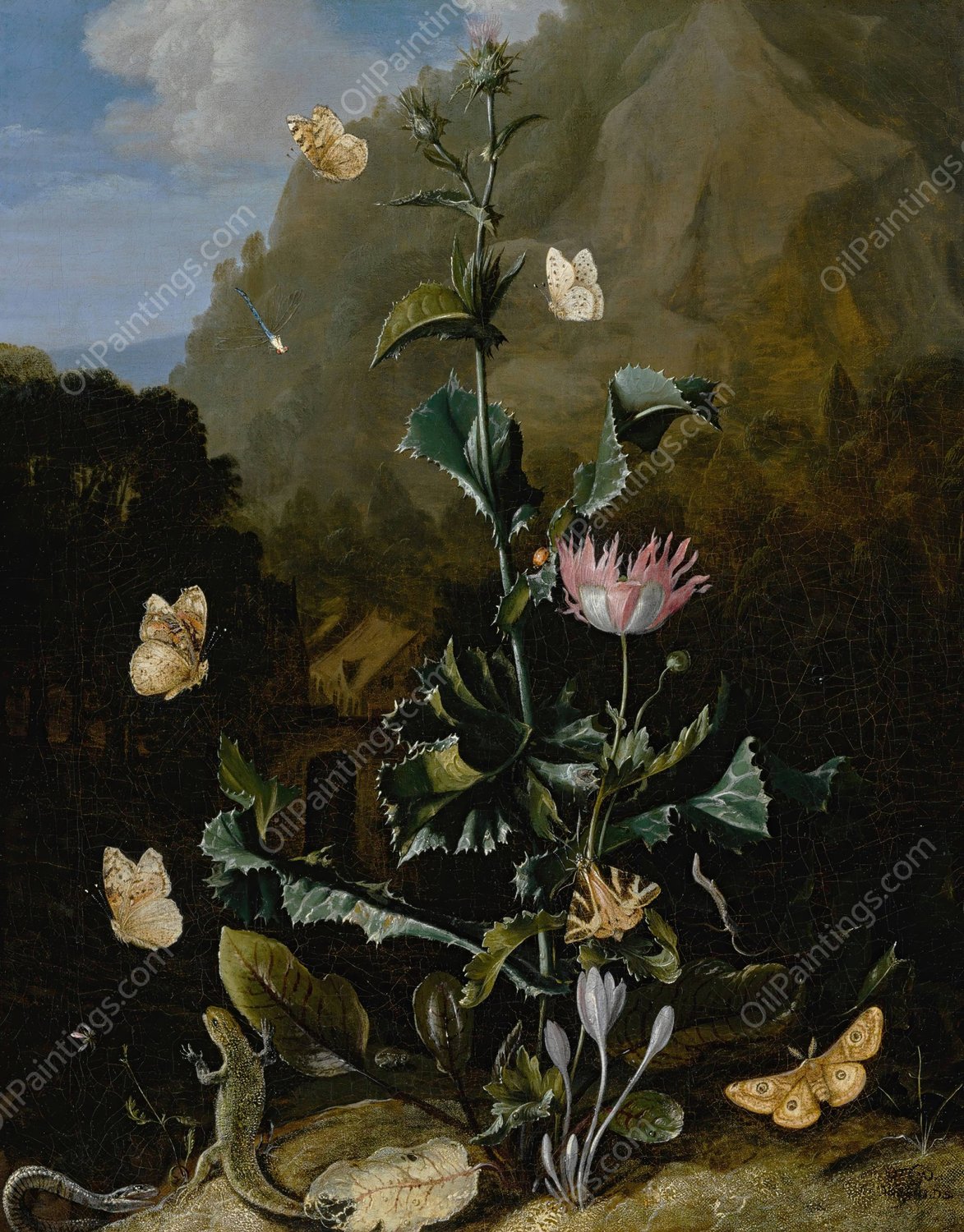 Still life of a thistle and other flowers surrounded by moths, a dragonfly, a lizard and a snake, in a landscape by Otto Marseus Van Schrieck - Hand-Painted Oil Painting Reproduction