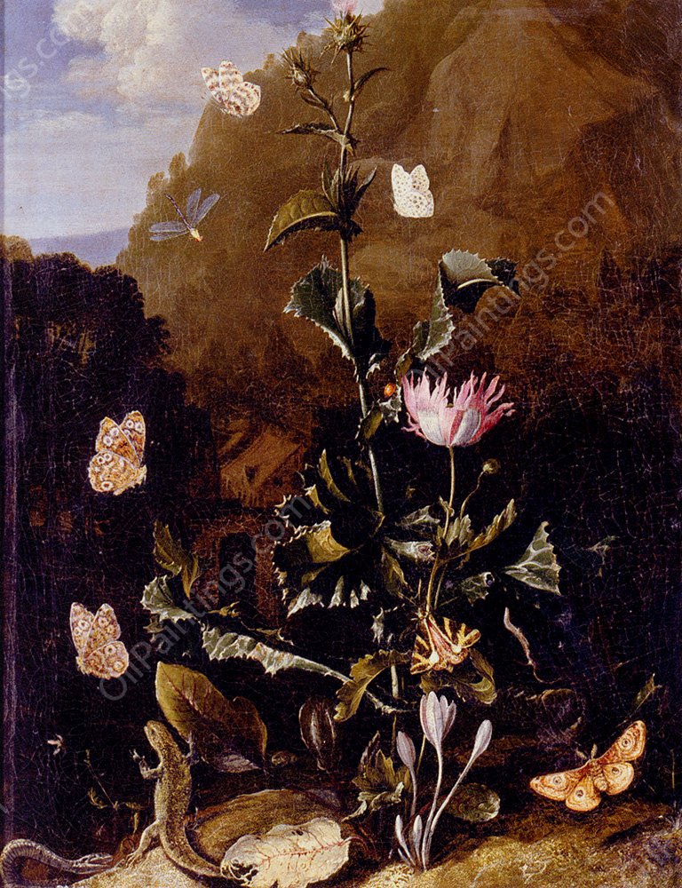 Still Life of a Thistle and Other Flowers Surrounded by Moths, a Dragonfly, a Lizard, and a Snake, in a Landscape by Otto Marseus Van Schrieck - Hand-Painted Oil Painting Reproduction