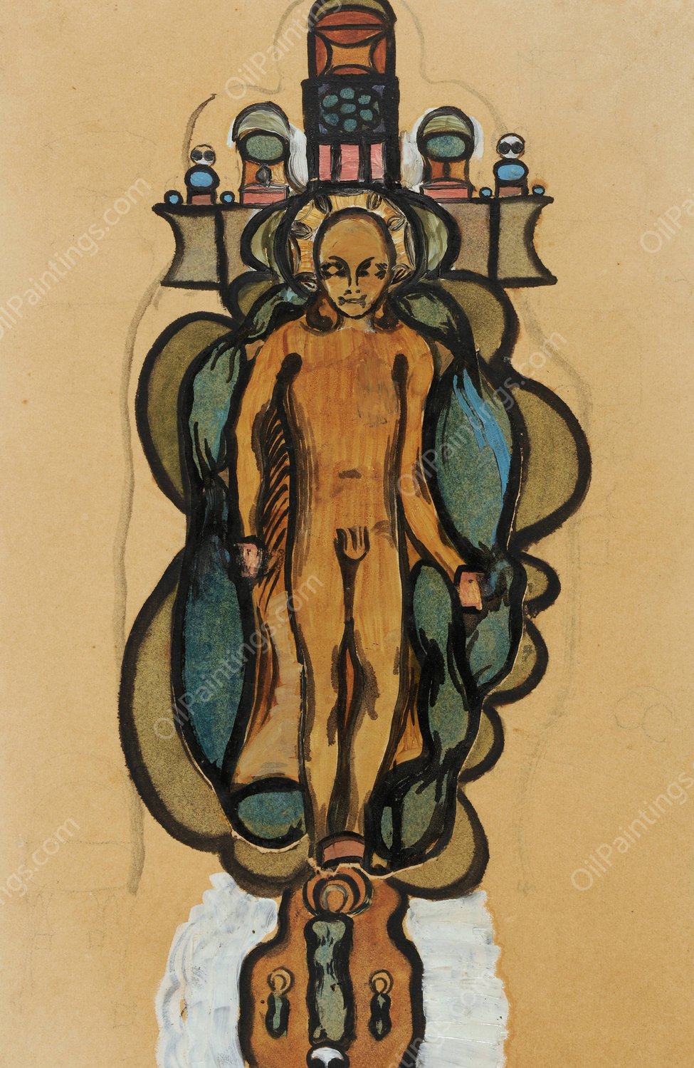 Nackter Knabe mit Heiligenschein im Umriss eines geschmuckten Kreuzes  by Otto Meyer-Amden - Hand-Painted Oil Painting Reproduction