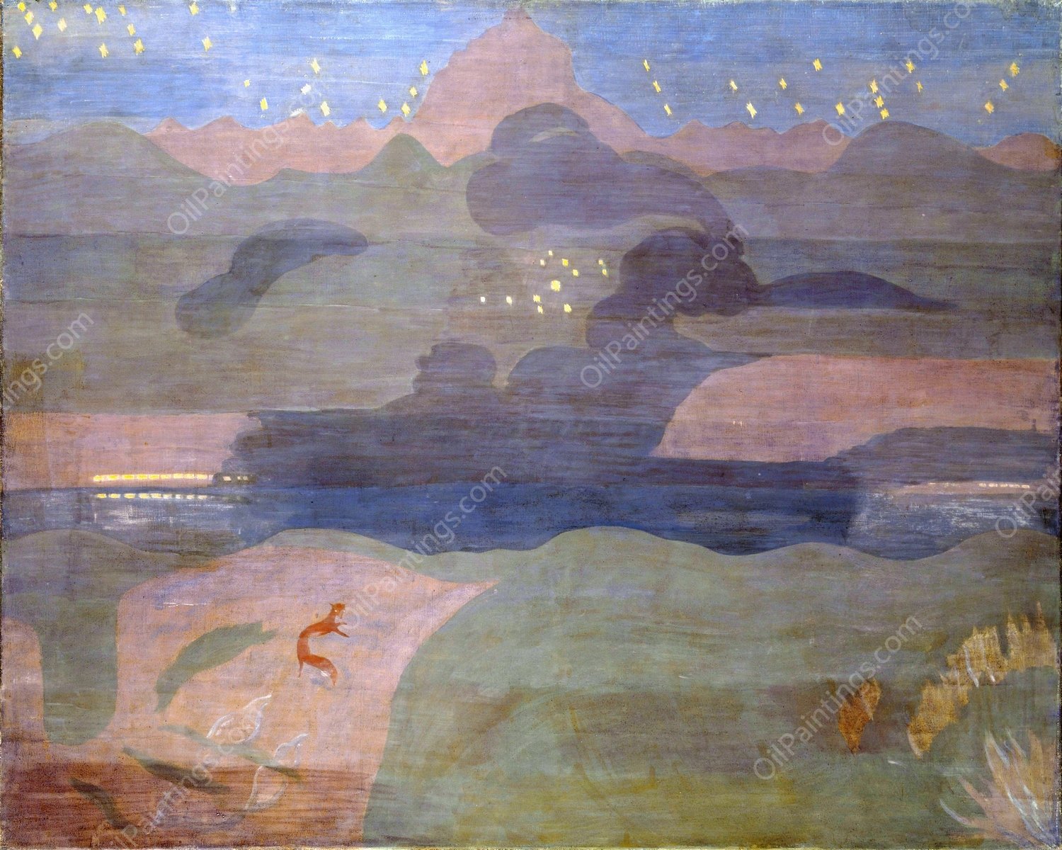 Starry Night above Lake Walen  by Otto Meyer-Amden - Hand-Painted Oil Painting Reproduction