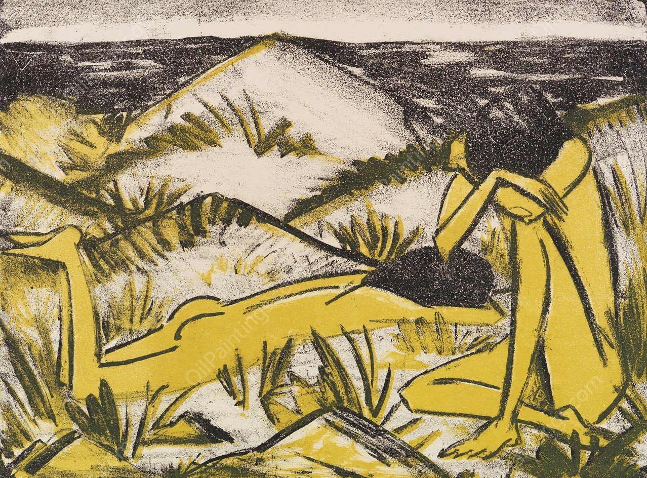 Ein in Dunen sitzendes und ein liegendes Madchen  by Otto Mueller - Hand-Painted Oil Painting Reproduction