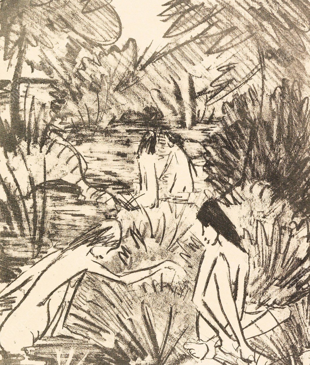 Waldsee mit drei badenden und einem sitzenden Madchen 2  by Otto Mueller - Hand-Painted Oil Painting Reproduction