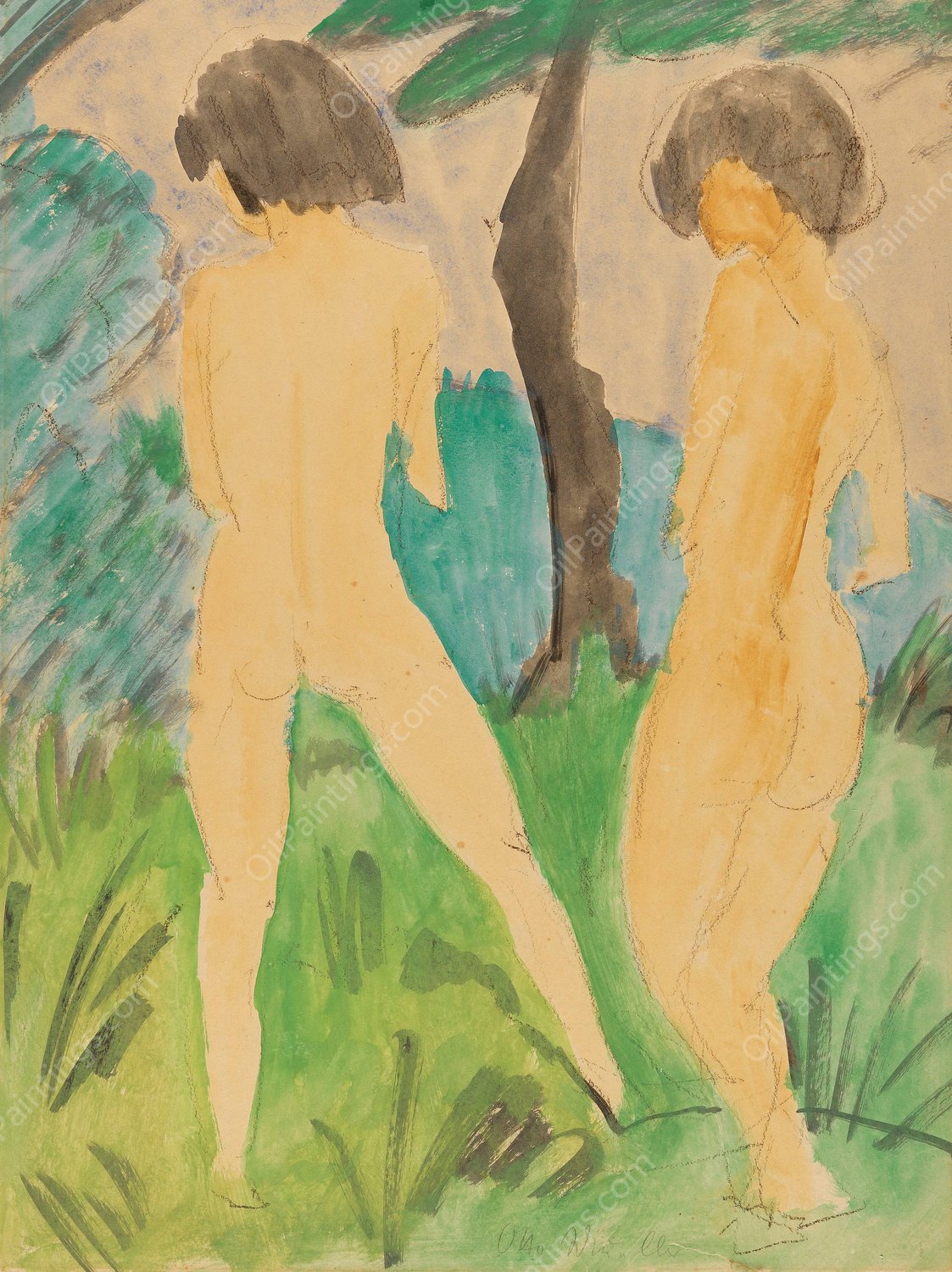 Zwei weibliche Akte in Landschaft  by Otto Mueller - Hand-Painted Oil Painting Reproduction