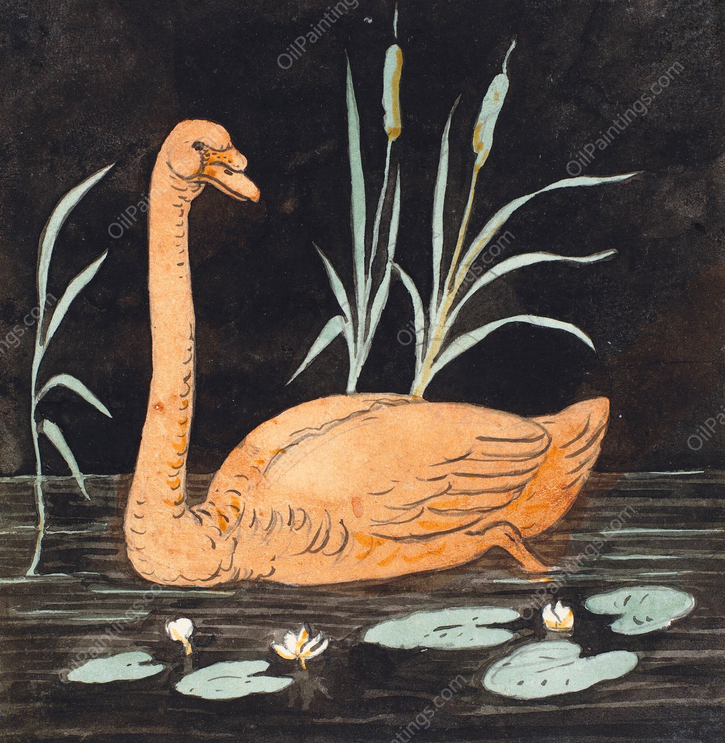 En svane pa sort baggrund. Dekorativt udkast.  by P. C. Skovgaard - Hand-Painted Oil Painting Reproduction