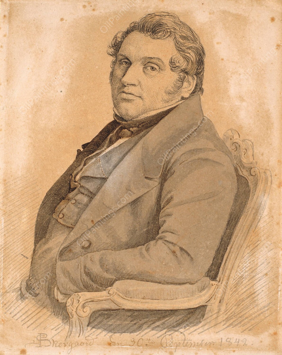 Portraet af en siddende, korpulent mand i halvfigur, trekvart profil mod venstre  by P. C. Skovgaard - Hand-Painted Oil Painting Reproduction