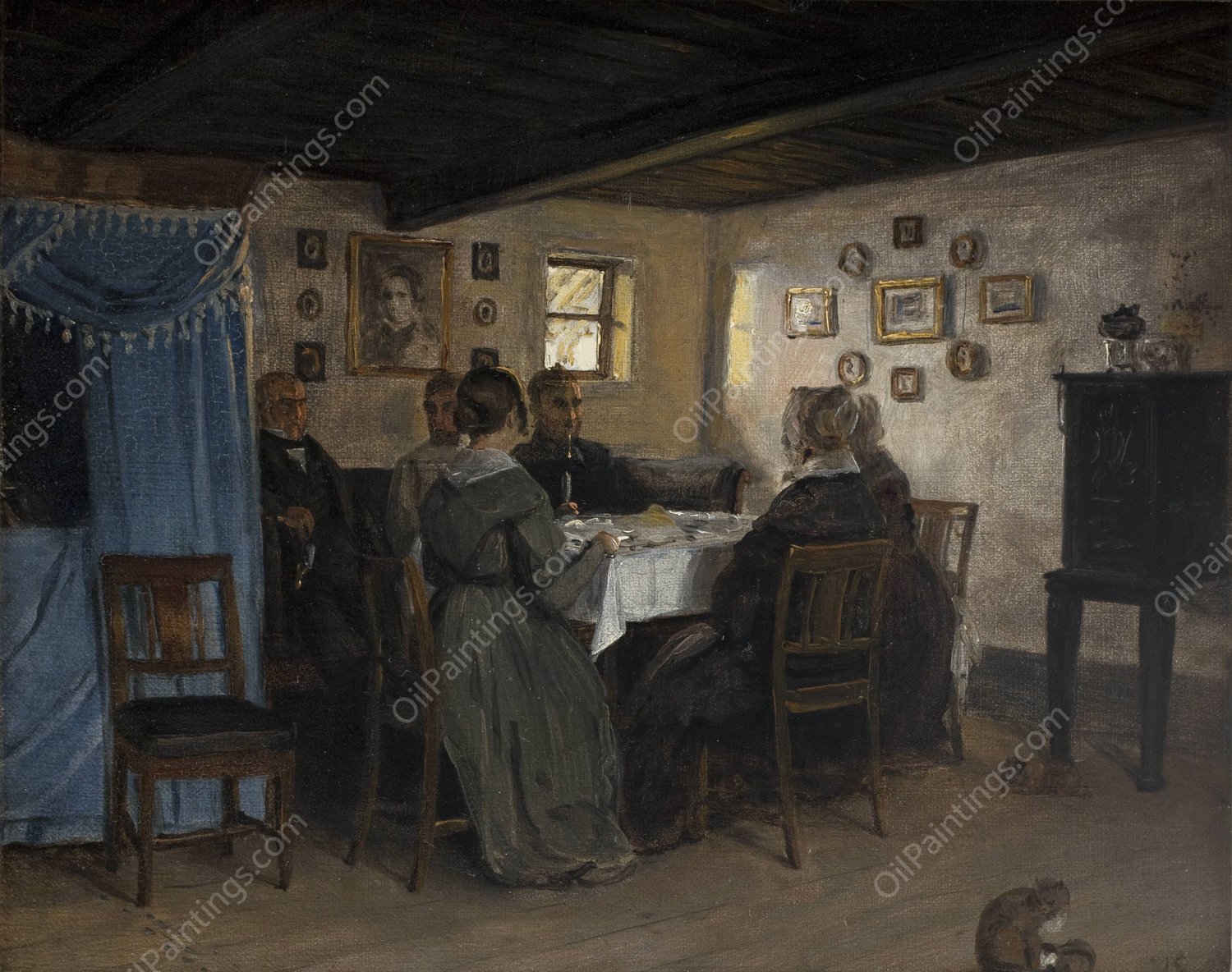 The Artist's Friends and Family Seated Round a Table. Vejby, North Zealand  by P. C. Skovgaard - Hand-Painted Oil Painting Reproduction