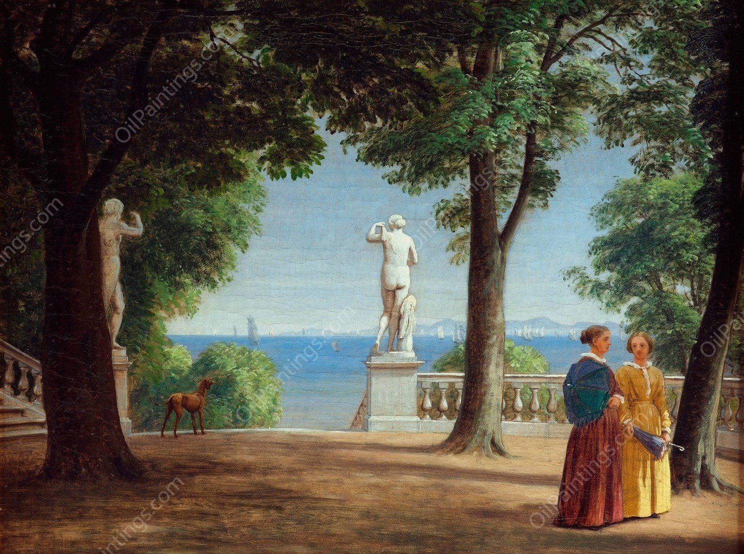 View towards Kullen from a garden terrace with statues by P. C. Skovgaard - Hand-Painted Oil Painting Reproduction