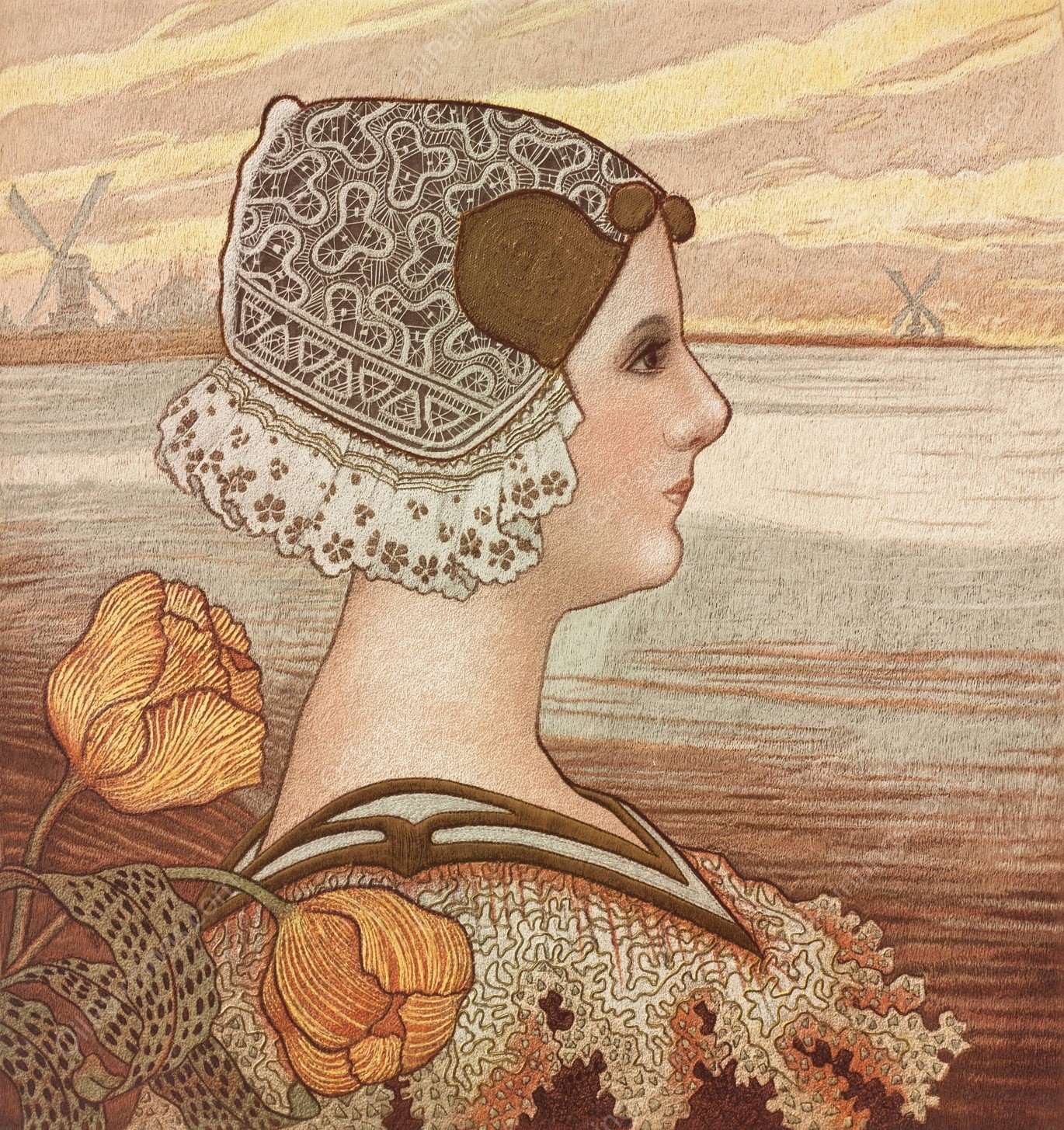 Dutch Lady with Tulips by Paul Berthon - Hand-Painted Oil Painting Reproduction