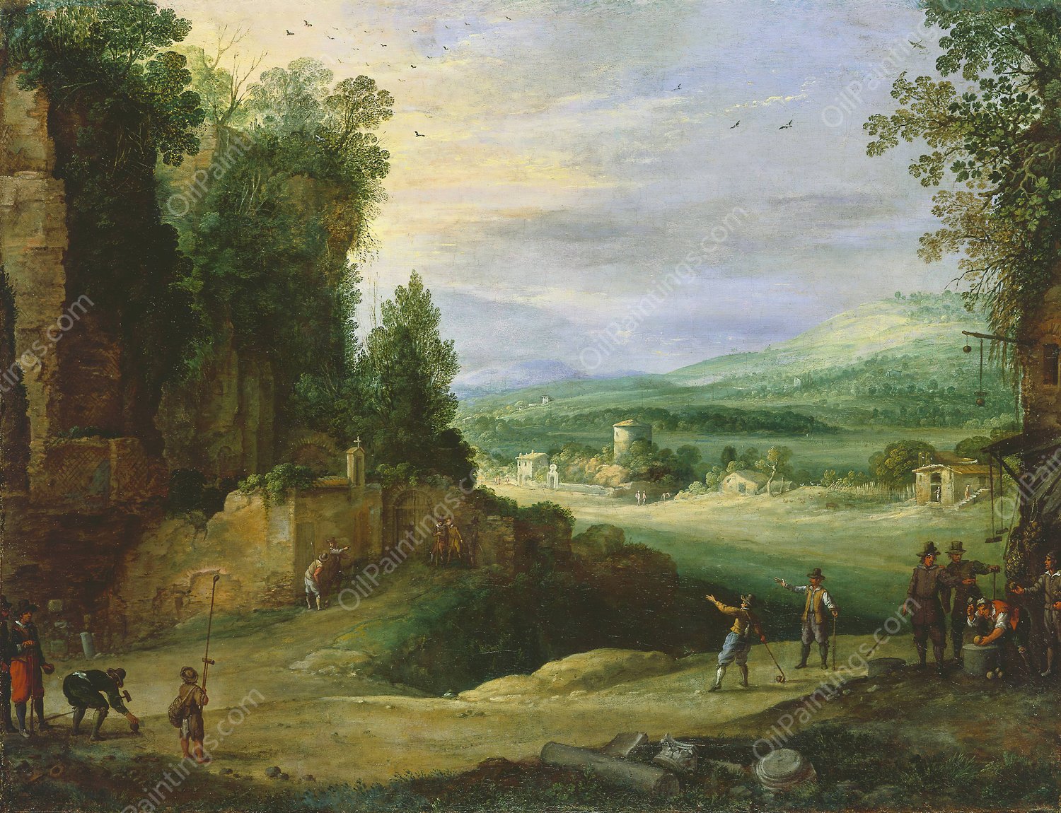 Landscape with Men Playing 'Mail a la Chicane' by Paul Bril - Hand-Painted Oil Painting Reproduction