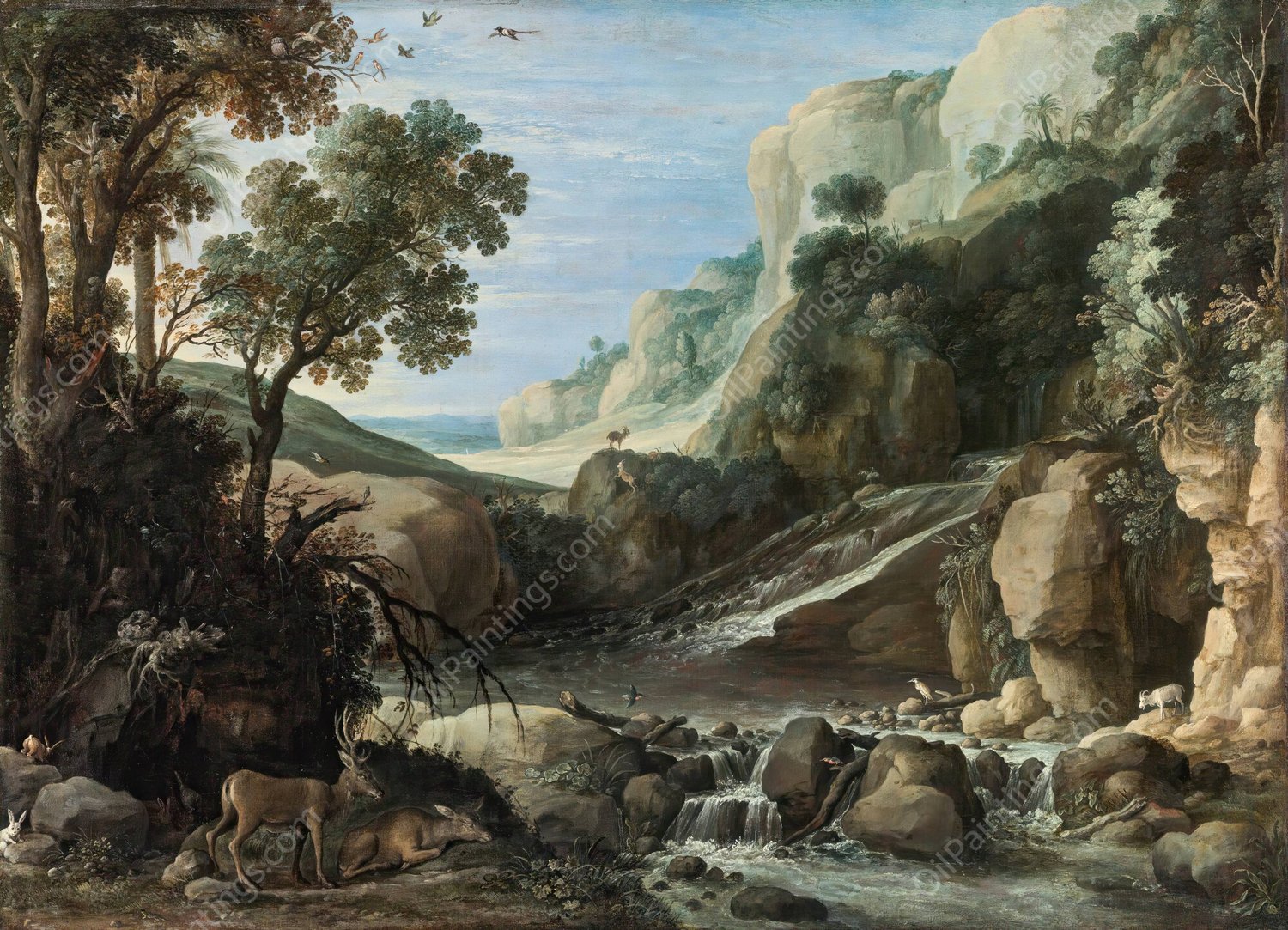 Mountainous Landscape With Wildlife Around A Cascade  by Paul Bril - Hand-Painted Oil Painting Reproduction