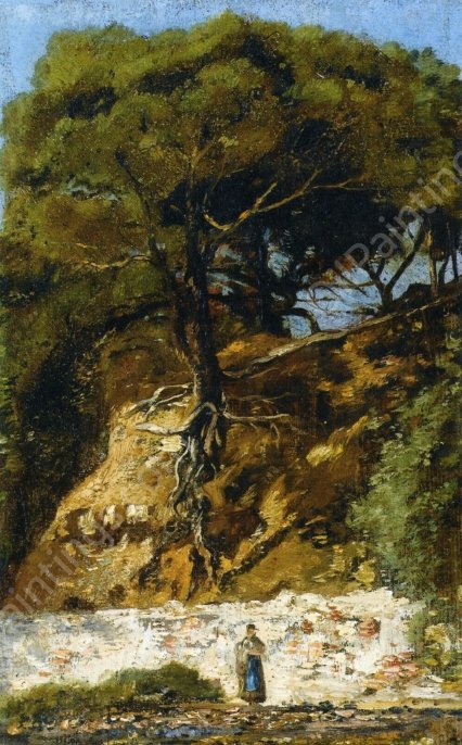 Washerwoman at the Foot of a Large Pine Tree by Paul-Camille Guigou - Hand-Painted Oil Painting Reproduction