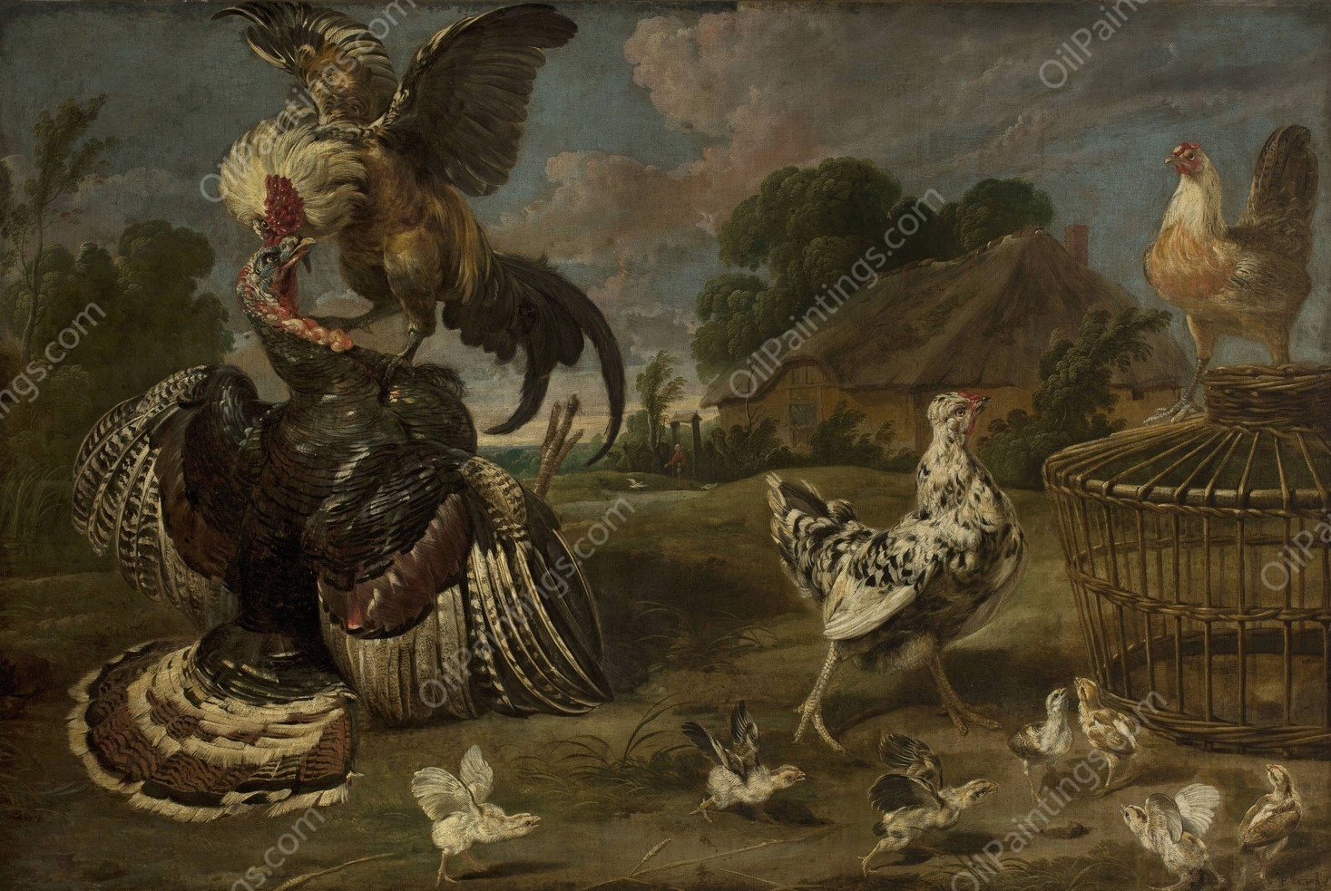 A Turkey and a Rooster by Paul De Vos - Hand-Painted Oil Painting Reproduction