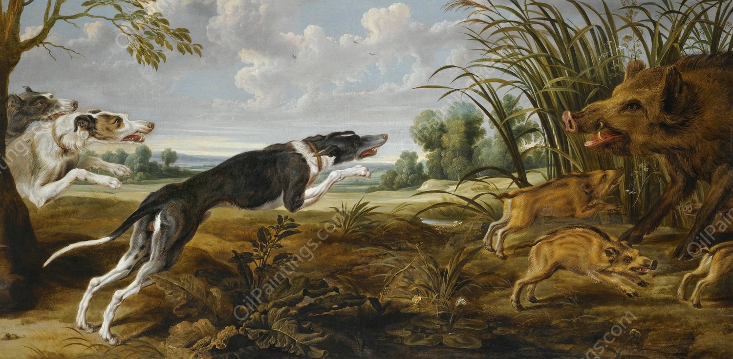 An Extensive Landscape With Three Hounds Surprising A Wild Boar And Its Young by Paul De Vos - Hand-Painted Oil Painting Reproduction