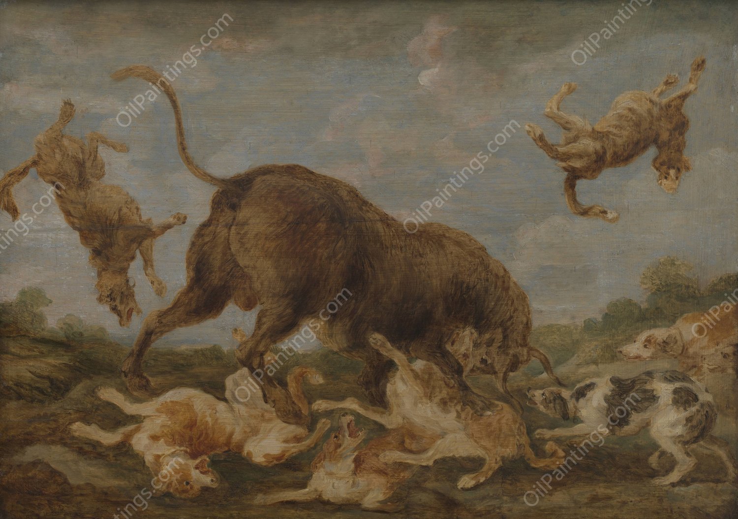 Buffalo attacked by dogs by Paul De Vos - Hand-Painted Oil Painting Reproduction