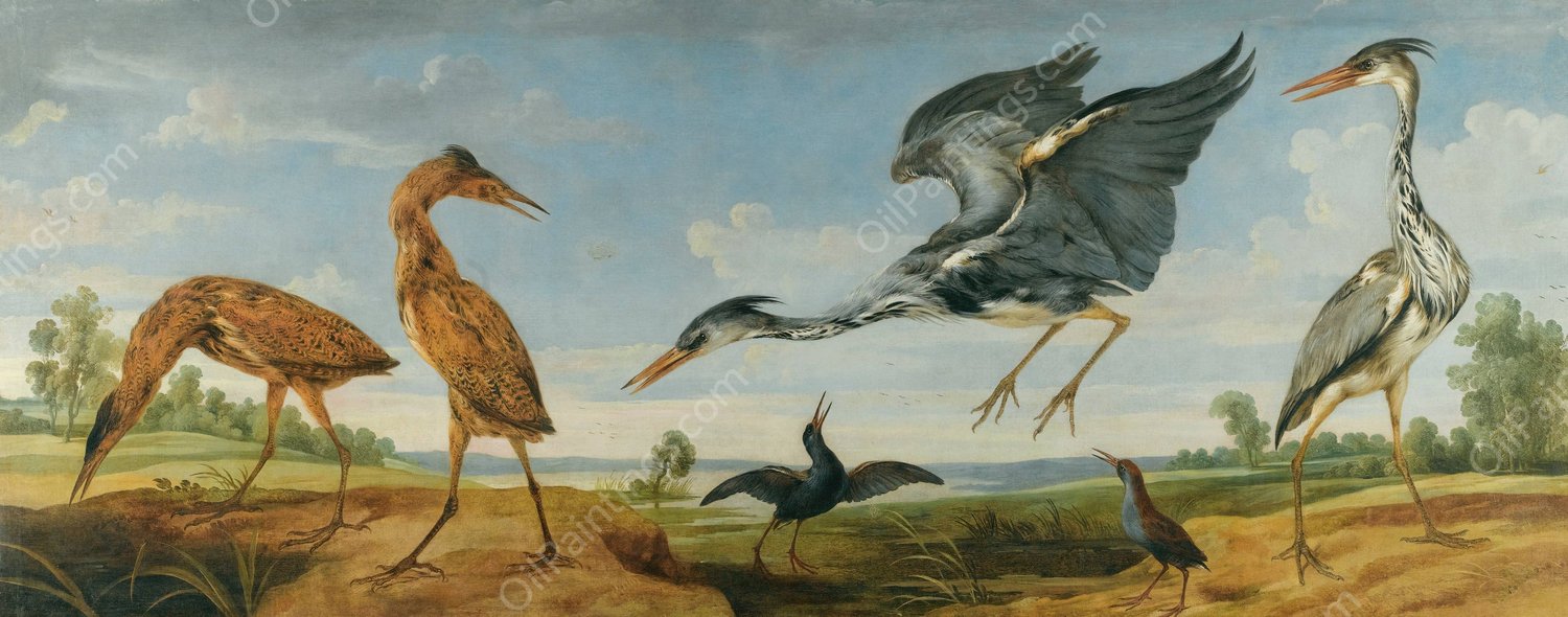 Landscape With Pairs Of Herons And Bitterns by Paul De Vos - Hand-Painted Oil Painting Reproduction